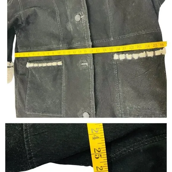 Vintage Sin by Morgan Cooper Black Suede Faux Fur Hooded Trench Coat Jacket L - Picture 15 of 16